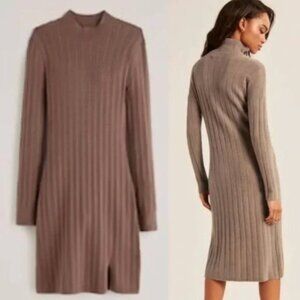 Abercrombie & Fitch Tan Ribbed High Neck Long Sleeve Midi Dress
